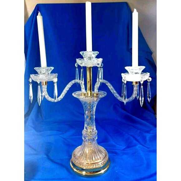 Other - XL Cut Crystal 3 Arm Candlestick Candelabra  Prisms Hollywood Regency MCM Brass